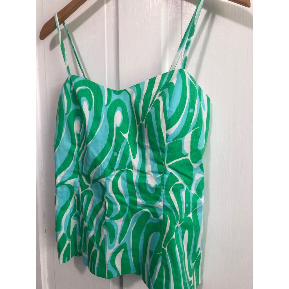 Lilly Pulitzer Green Blue Swirl Print Cami Top Sweetheart Neck Tie Back Size 10 - Picture 4 of 6